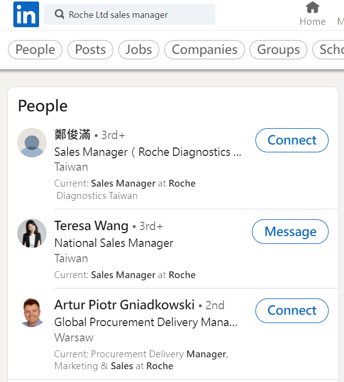 Linkedin 搜尋Roche Ltd Sales Manager的結果