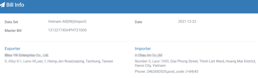 Tradesparq海關數據來源-越南進口範例