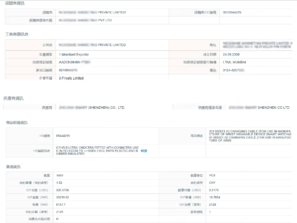 美佳能印度海關數據 smart watch提單範例
