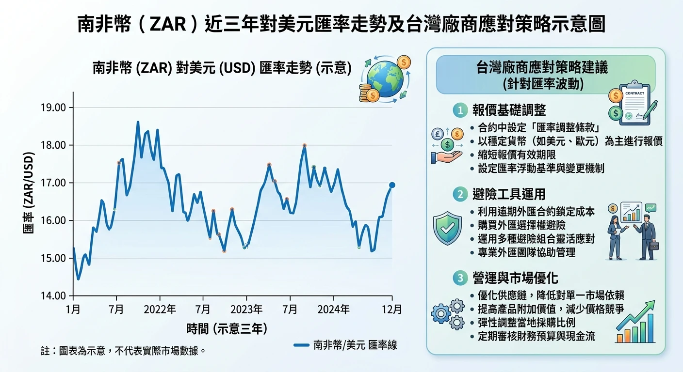 非洲與新興市場開發 2026:台灣廠商如何掌握南非幣與非洲開發銀行商機 2 南非幣(ZAR)近三年匯率走勢示意折線圖,顯示對美元匯率波動,搭配右側說明台灣廠商的報價應對策略建議