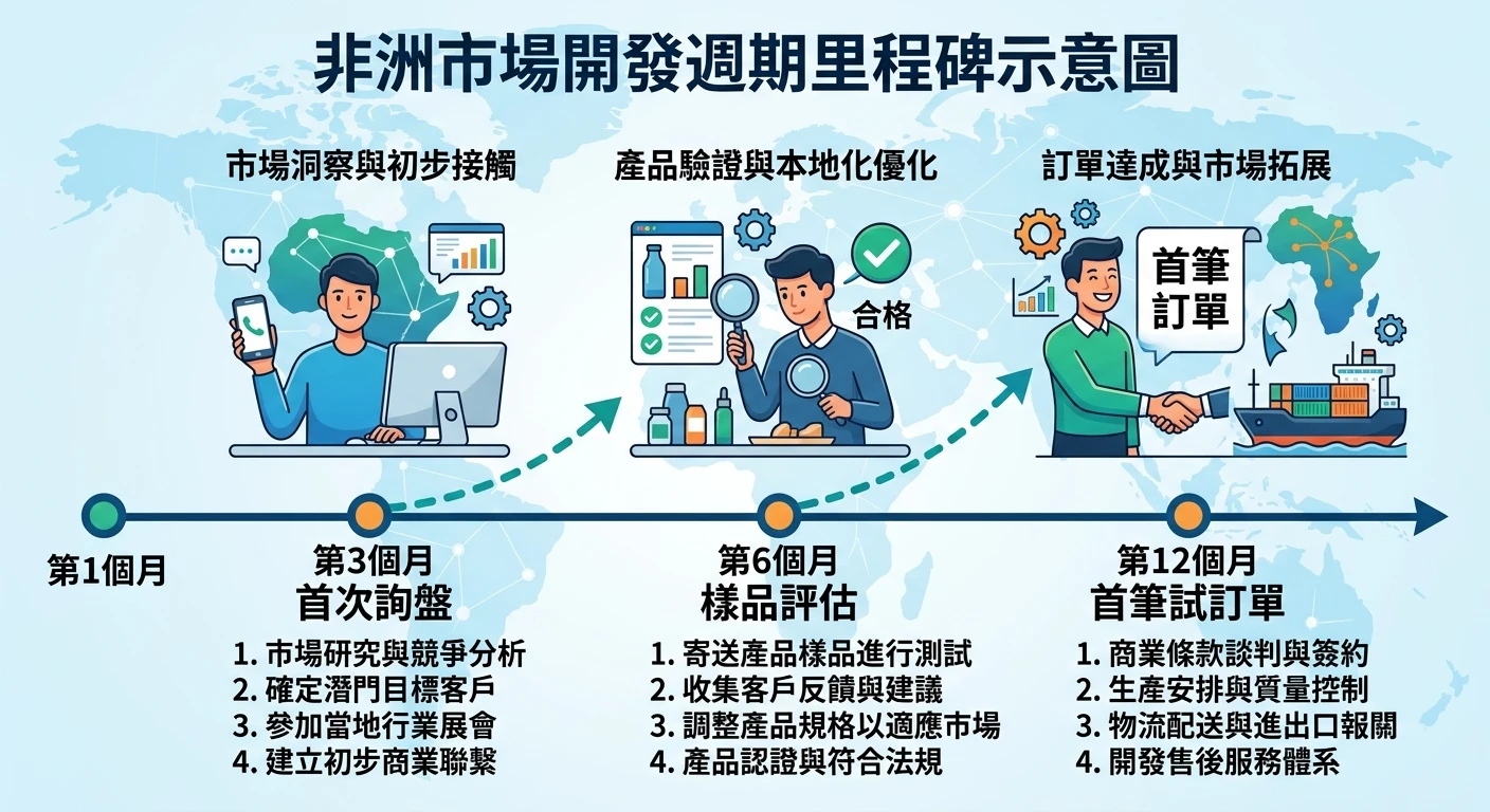 非洲與新興市場開發 2026:台灣廠商如何掌握南非幣與非洲開發銀行商機 3 非洲市場開發週期里程碑示意圖,橫向時間軸顯示 3 個月首次詢盤、6 個月樣品評估、12 個月首筆試訂單三個階段,搭配對應工作項目說明