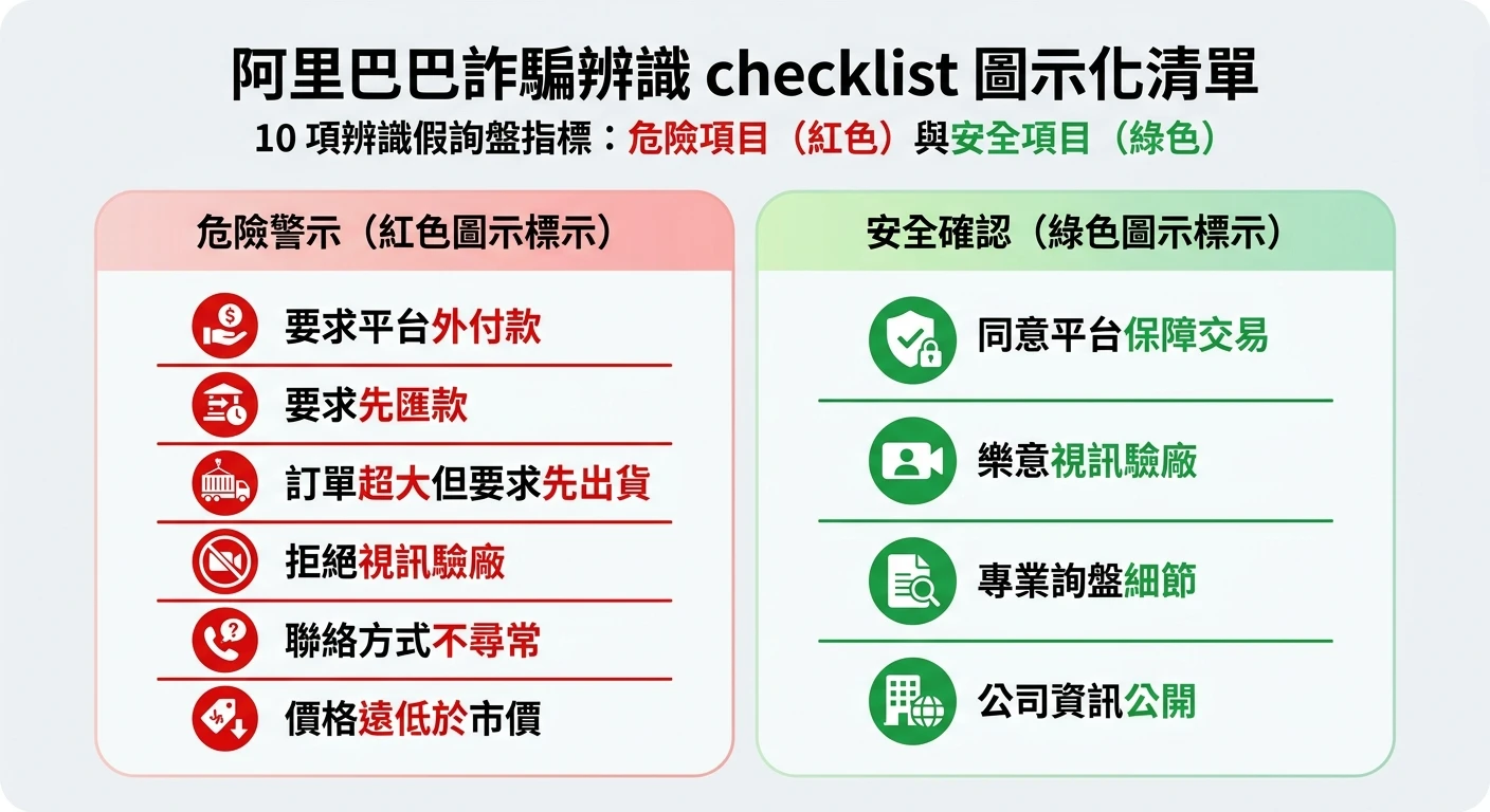 阿里巴巴國際站評價與替代方案 2026:台灣外銷商怎麼選對 B2B 平台|完整比較 1 阿里巴巴詐騙辨識 checklist 圖示化清單:10 項辨識假詢盤指標,危險項目以紅色警示圖示標示(如要求平台外付款/要求先匯款/訂單超大但要求先出貨),安全項目以綠色確認圖示標示,清晰易讀版面