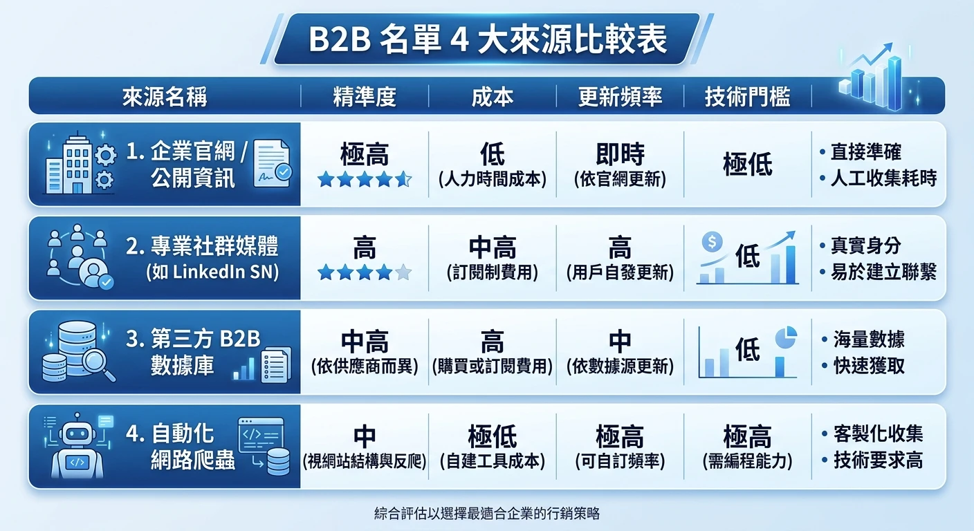 B2B 開發工具與採購商名單取得方法 2026:系統比較與實操指南 1 B2B 名單 4 大來源比較表,精準度/成本/更新頻率/技術門檻四欄,以表格型資訊圖呈現,商務藍白配色