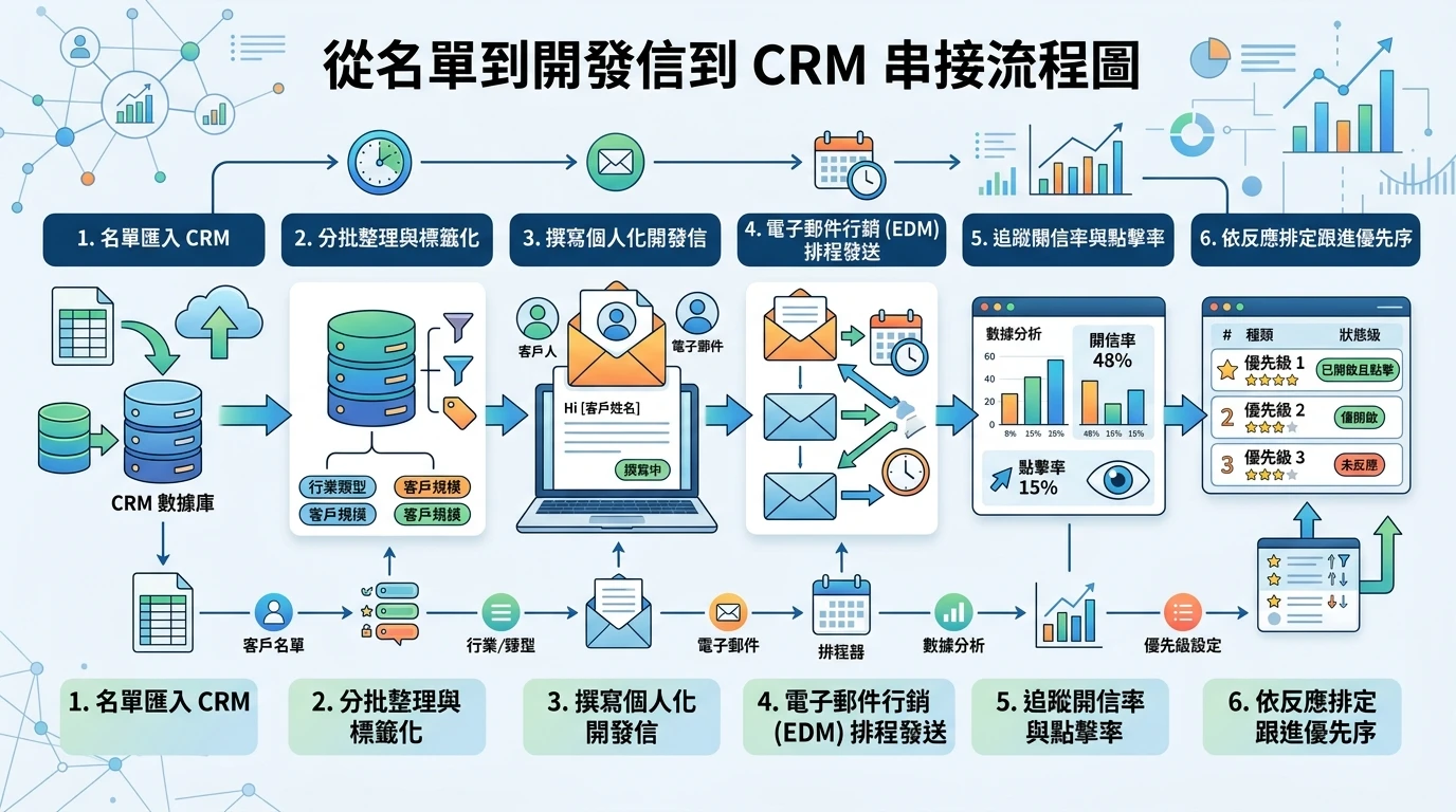 B2B 開發工具與採購商名單取得方法 2026:系統比較與實操指南 3 名單到開發信到 CRM 串接流程圖,顯示:名單匯入CRM→分批整理→撰寫個人化信→EDM排程→追蹤開信率→依反應排跟進優先序,橫向流程圖