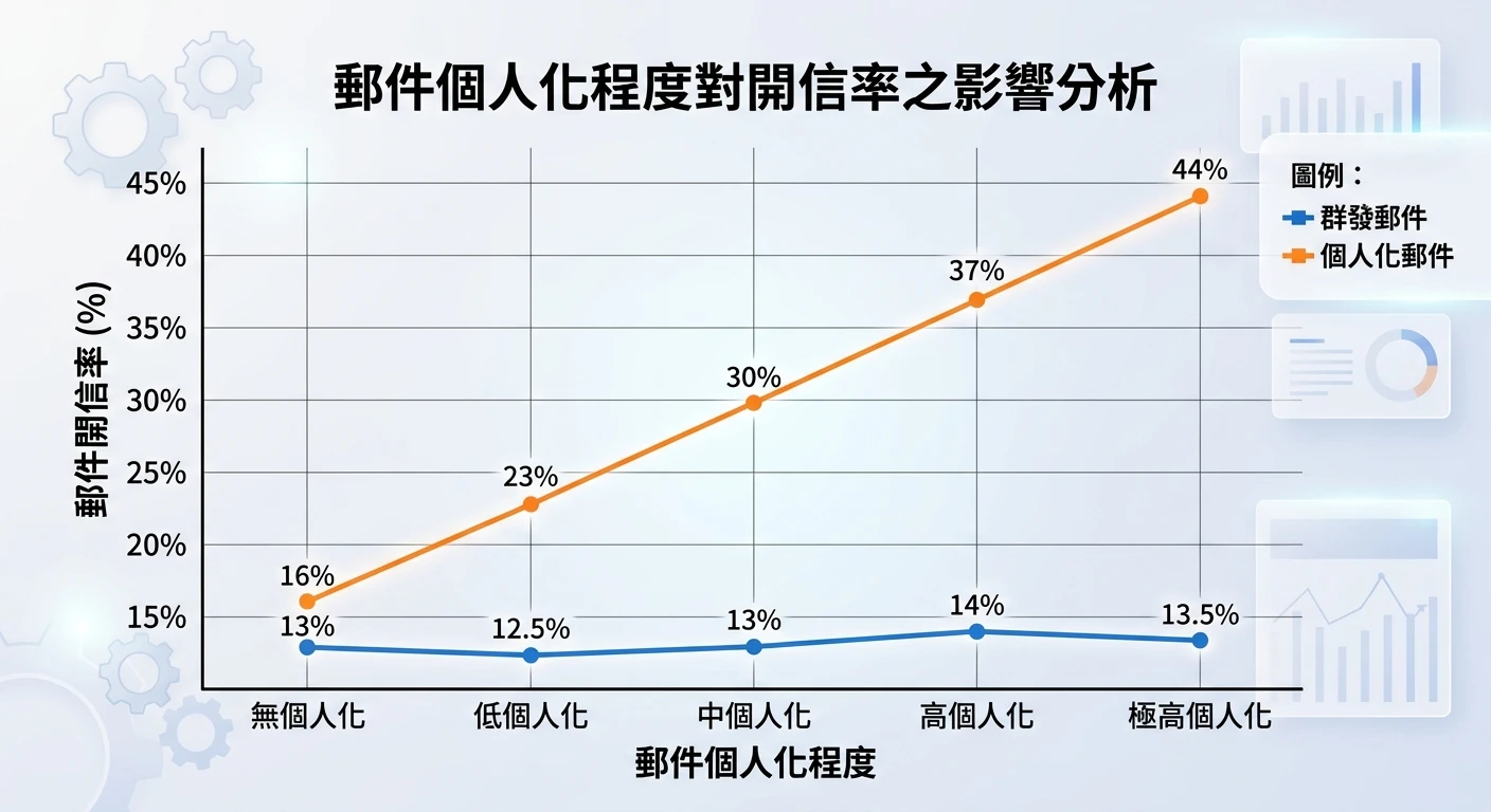 B2B 外貿開發信完整攻略 2026:Cold Email 五段結構、分產業英文範本與回覆率診斷 2 折線圖顯示個人化程度(X 軸,從「無個人化」到「高個人化」)與開信率(Y 軸,15% 到 45%)的正相關關係,圖中有兩條線:群發郵件(平坦線約 12-15%)與個人化郵件(上升線至 35-45%)