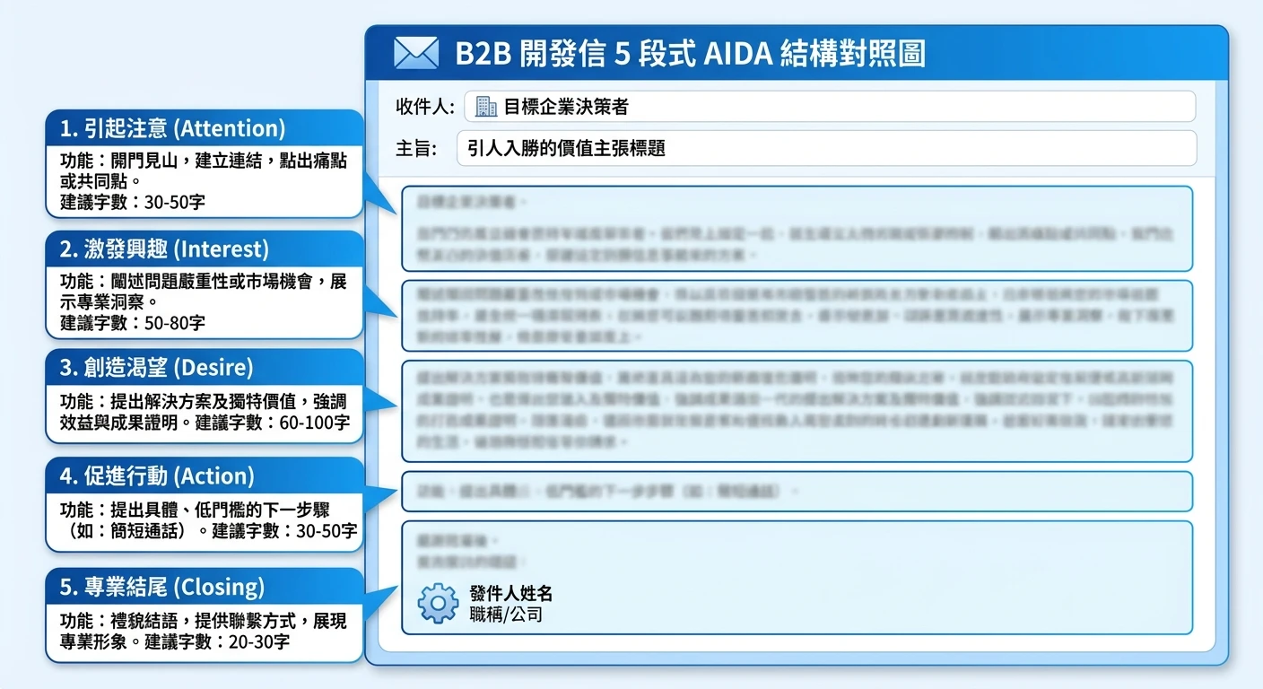 海關數據開發信實戰 2026:用進口記錄寫出高回覆率的個人化 B2B 開發信 1 B2B 開發信 5 段式 AIDA 結構對照圖,以信件版面標注形式呈現,各段落標示功能名稱與字數建議,商務藍白配色