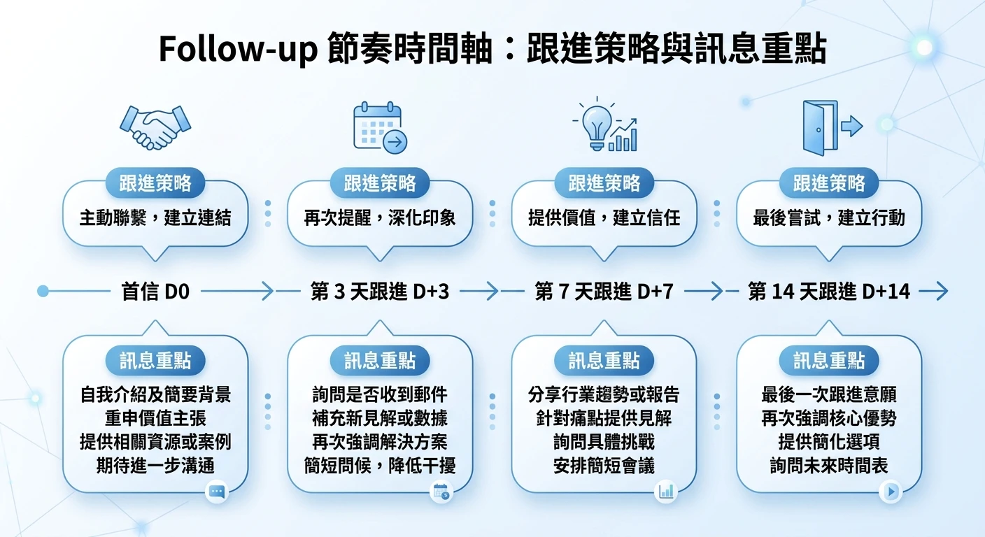 海關數據開發信實戰 2026:用進口記錄寫出高回覆率的個人化 B2B 開發信 2 Follow-up 節奏時間軸,顯示首信 D0、第 3 天跟進 D+3、第 7 天 D+7、第 14 天 D+14 的跟進策略與訊息重點,橫向時間軸設計
