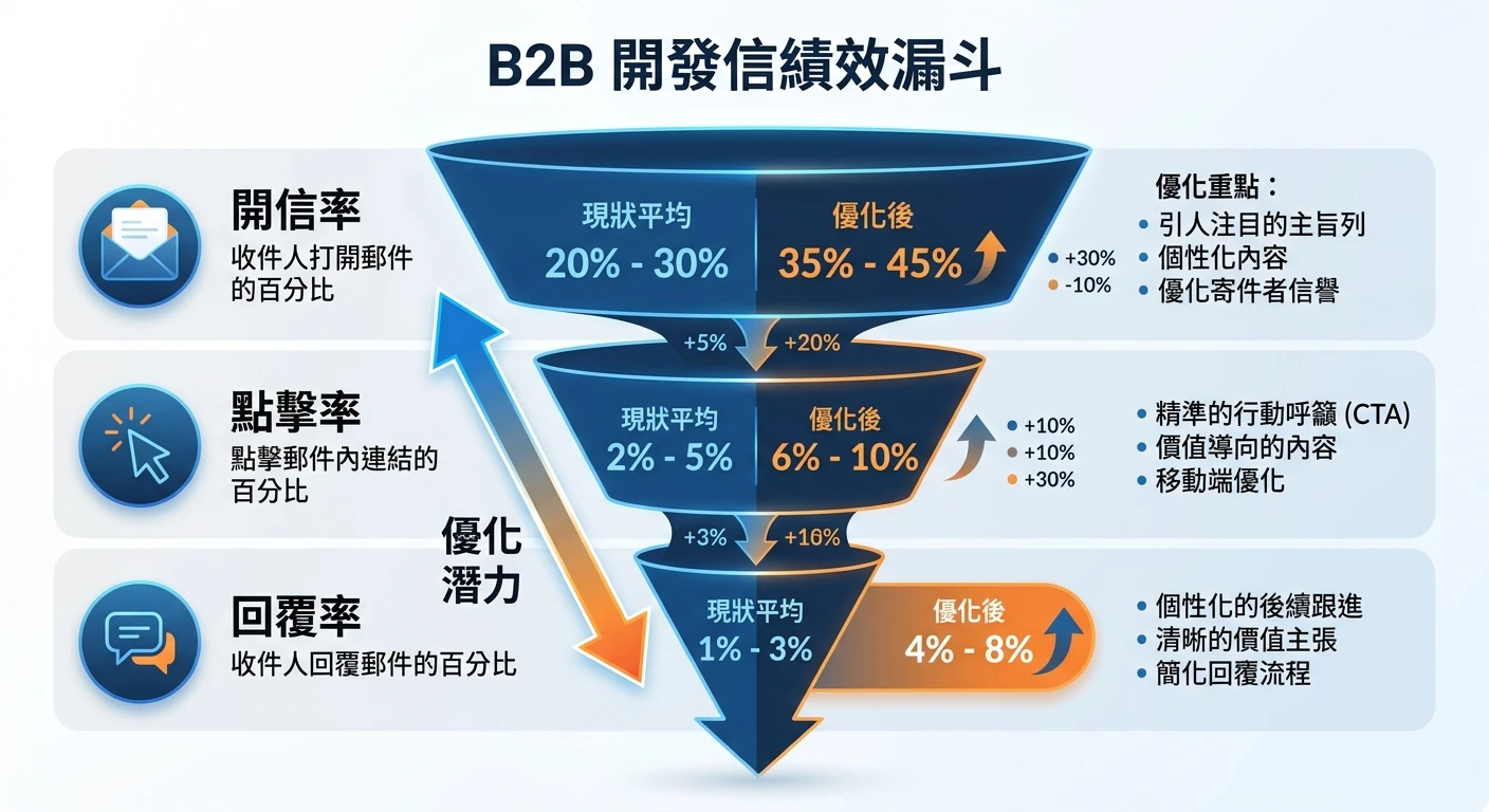 海關數據開發信實戰 2026:用進口記錄寫出高回覆率的個人化 B2B 開發信 3 B2B Cold Email 開信率/點擊率/回覆率三項指標漏斗圖,顯示各階段平均數值與優化後數值,商務藍橙配色