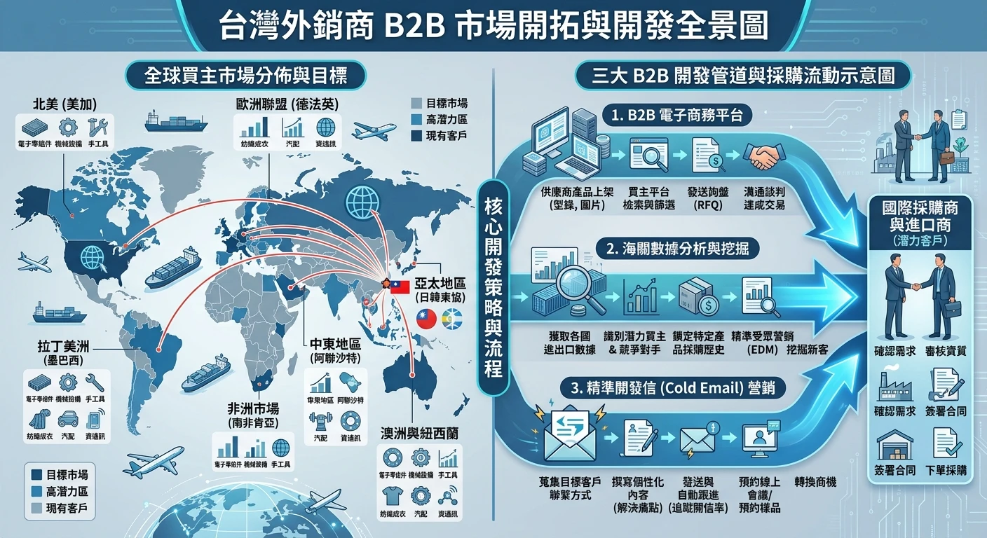B2B 詢盤完整攻略 2026:外銷廠商開發國外客戶的實戰流程|台灣外銷必讀 1 台灣外銷商 B2B 開發全景資訊圖:左側是世界地圖標示各洲買主市場,右側是三條開發管道(平台/海關數據/開發信)流向採購商的箭頭示意圖,藍灰專業色調,中文標示