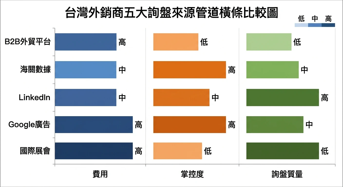 B2B 詢盤完整攻略 2026:外銷廠商開發國外客戶的實戰流程|台灣外銷必讀 3 台灣外銷商五大詢盤來源管道橫條比較圖:B2B外貿平台/海關數據/LinkedIn/Google廣告/國際展會 × 費用/掌控度/詢盤質量三個維度,以顏色深淺表示高中低,專業配色,中文標示