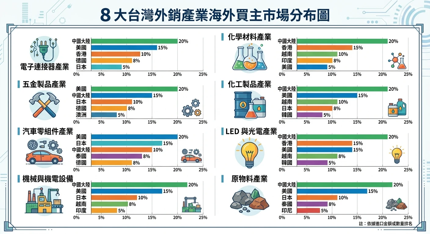 B2B 詢盤完整攻略 2026:外銷廠商開發國外客戶的實戰流程|台灣外銷必讀 4 8 大台灣外銷產業海外買主市場分布圖:圓形圖或橫條圖,電子connector/五金/汽配/機械機電/化學/化工/LED/原物料各產業的主要進口國標示,中英雙語,專業商業配色