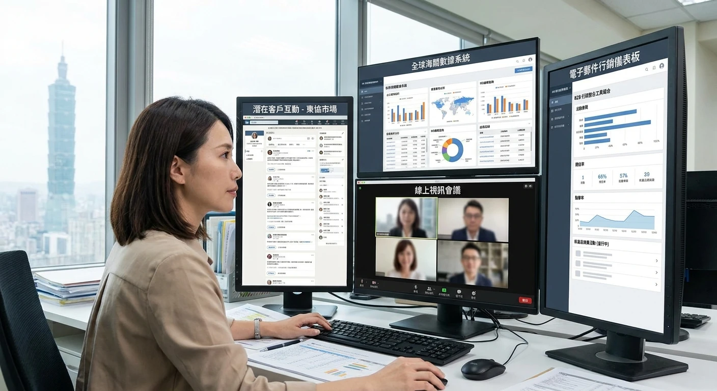 B2B 外銷工具整合作戰 2026:從找名單到 CRM 的開發鏈串接 SOP 1 台灣外銷業務在多螢幕工作站上同時操作 LinkedIn、海關數據系統、Zoom 和 EDM 儀表板,畫面顯示 B2B 行銷整合工具組合,現代商務辦公場景