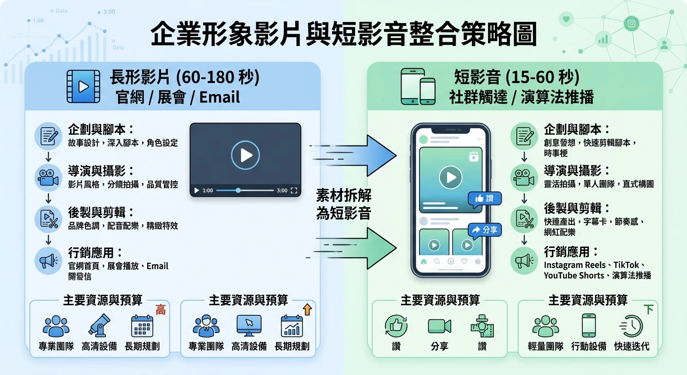 外銷製造業短影音怎麼拍 2026:YouTube Shorts vs LinkedIn 平台選擇與工廠實拍選題 2 企業形象影片與短影音角色分工圖,左側顯示長形影片(60-180 秒)用於官網、展會、Email,右側顯示短影音(15-60 秒)用於社群觸達與演算法推播,箭頭顯示長片素材拆解為短影音的整合策略