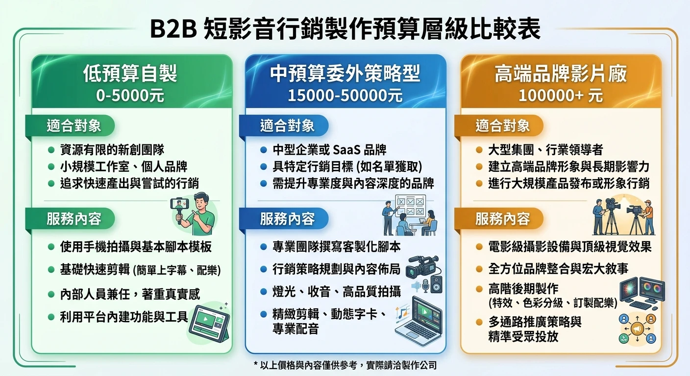 外銷製造業短影音怎麼拍 2026:YouTube Shorts vs LinkedIn 平台選擇與工廠實拍選題 3 B2B 短影音行銷製作預算層級比較表,分三層:低預算自製(0-5000元)、中預算委外策略型(15000-50000元)、高端品牌影片廠(100000+),每層標示適合對象與服務內容