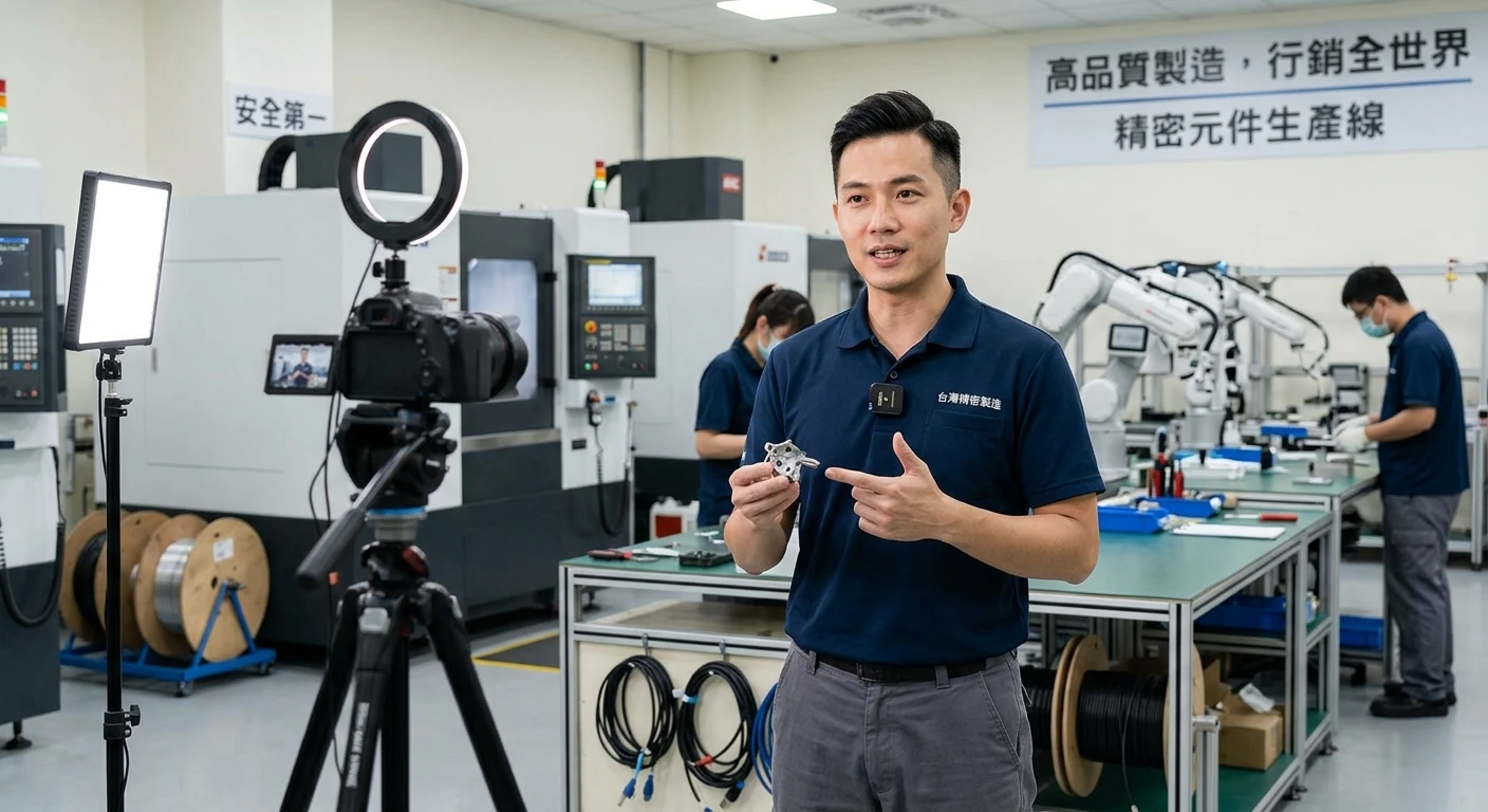 台灣製造業工廠內,工程師在鏡頭前介紹產品特性,旁邊有燈光和簡單拍攝設備,背景是整潔的生產線,呈現 B2B 短影音製作場景