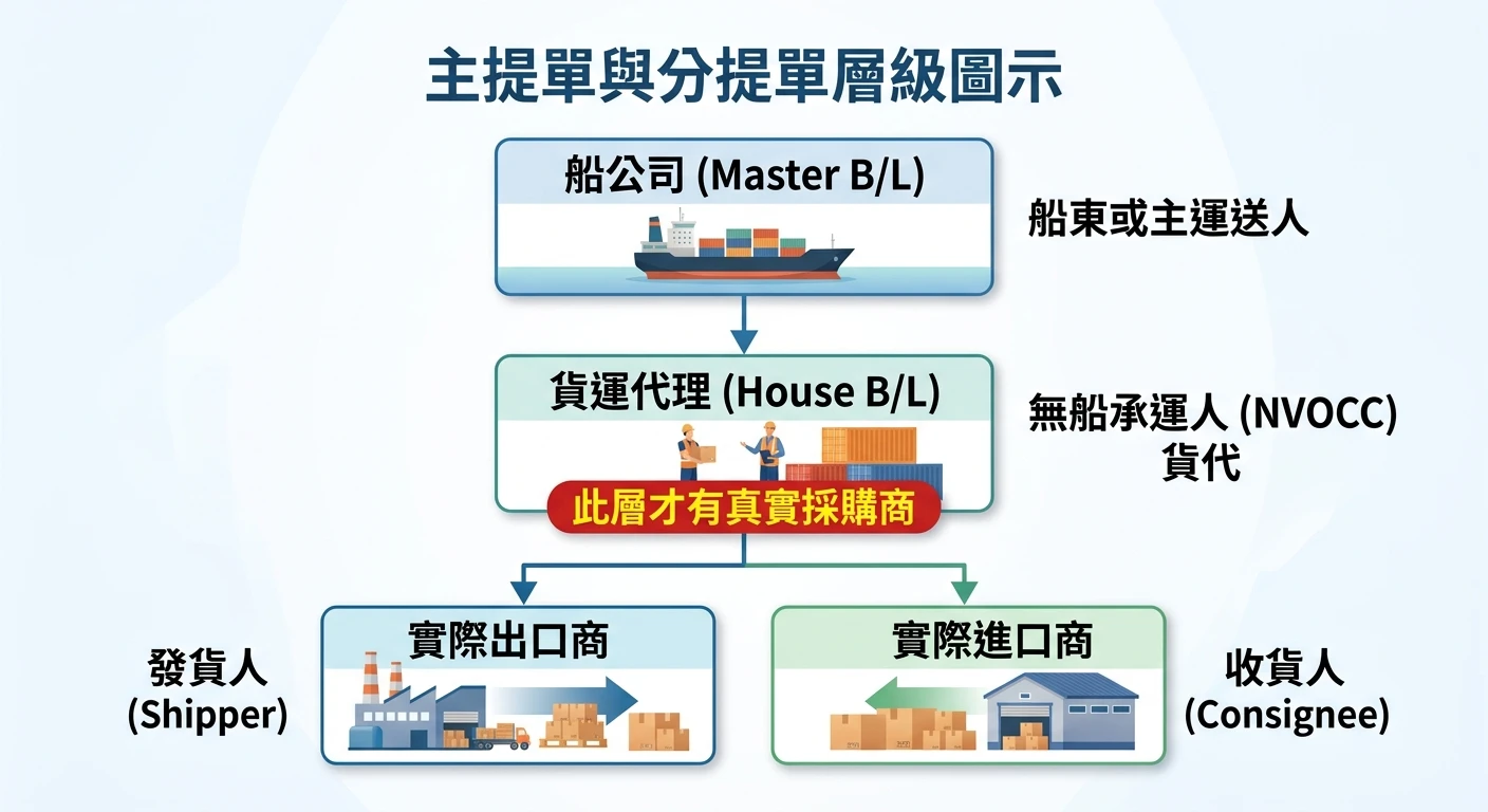 主提單與分提單層級圖示,由上而下呈現船公司(Master B/L)→ 貨代(House B/L)→ 實際進出口商的三層結構,各層以連接線標示,並在 House B/L 層標注「此層才有真實採購商」