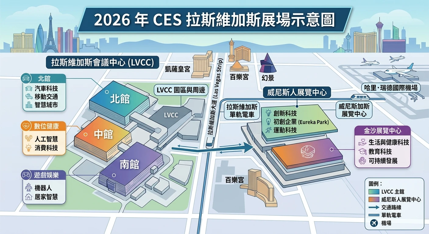 CES 2026 完整指南:日期、地點、參展廠商與台灣外銷商必知重點 1 拉斯維加斯 CES 展場示意圖,標示 Las Vegas Convention Center(LVCC)主館與 Venetian Expo 兩個主要展館位置,各展館標有主要展出領域標籤
