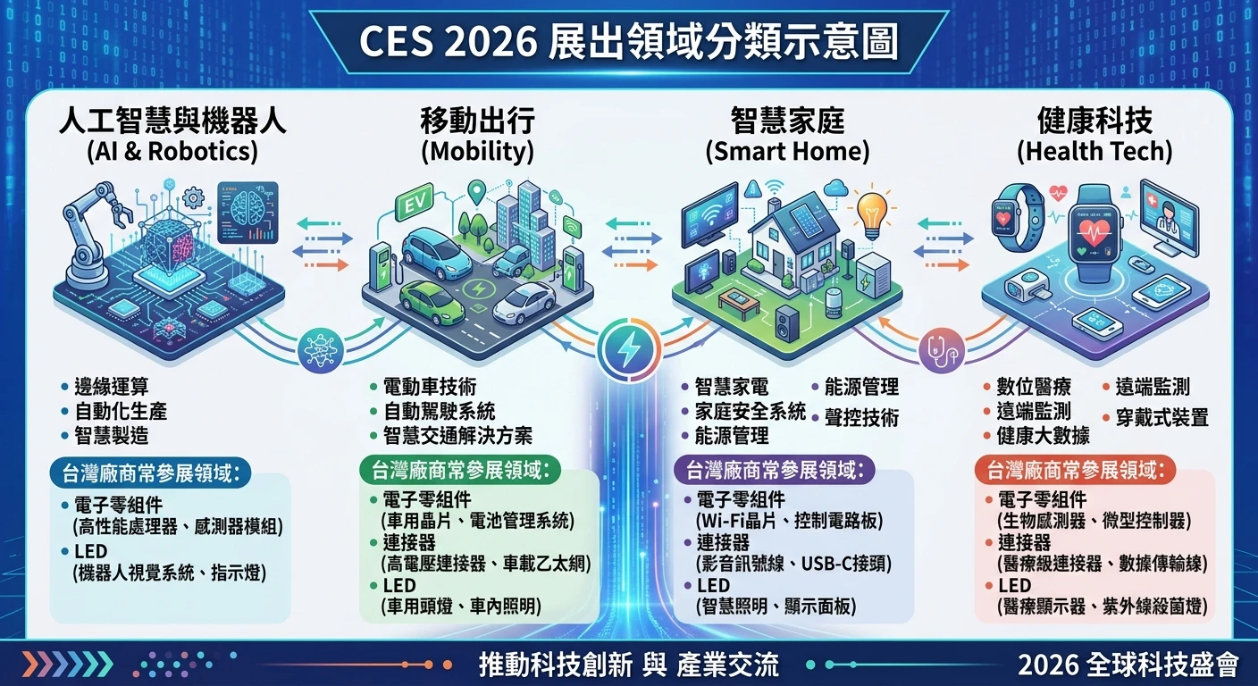 CES 2026 完整指南:日期、地點、參展廠商與台灣外銷商必知重點 2 CES 2026 展出領域分類示意圖,分為 AI & Robotics、Mobility、Smart Home、Health Tech 四大展區,並標示台灣廠商常參展的電子零組件/LED/connector 對應哪些展區