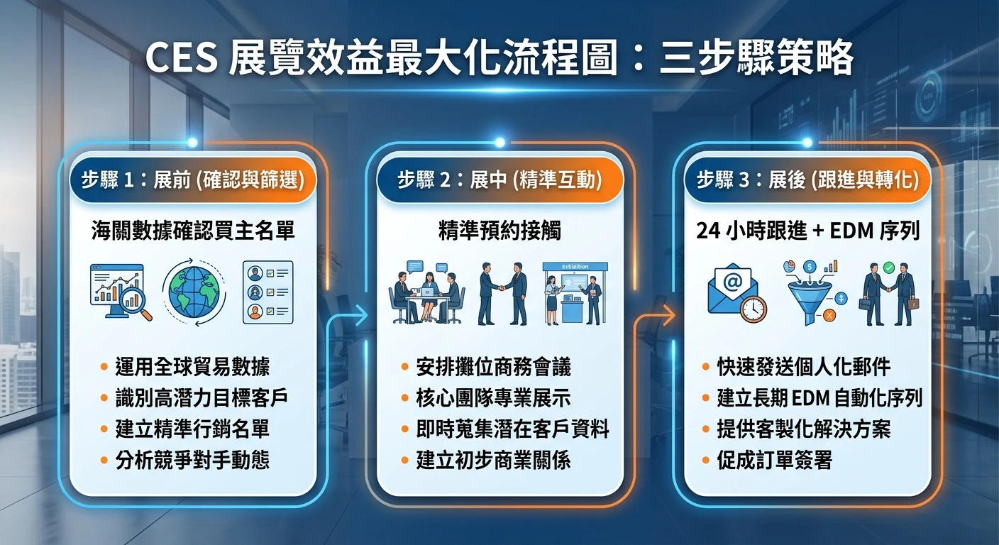 CES 2026 完整指南:日期、地點、參展廠商與台灣外銷商必知重點 3 CES 展覽效益最大化流程圖,三步驟:展前(海關數據確認買主名單)→ 展中(精準預約接觸)→ 展後(24 小時跟進 + EDM 序列),箭頭連接,商業風格