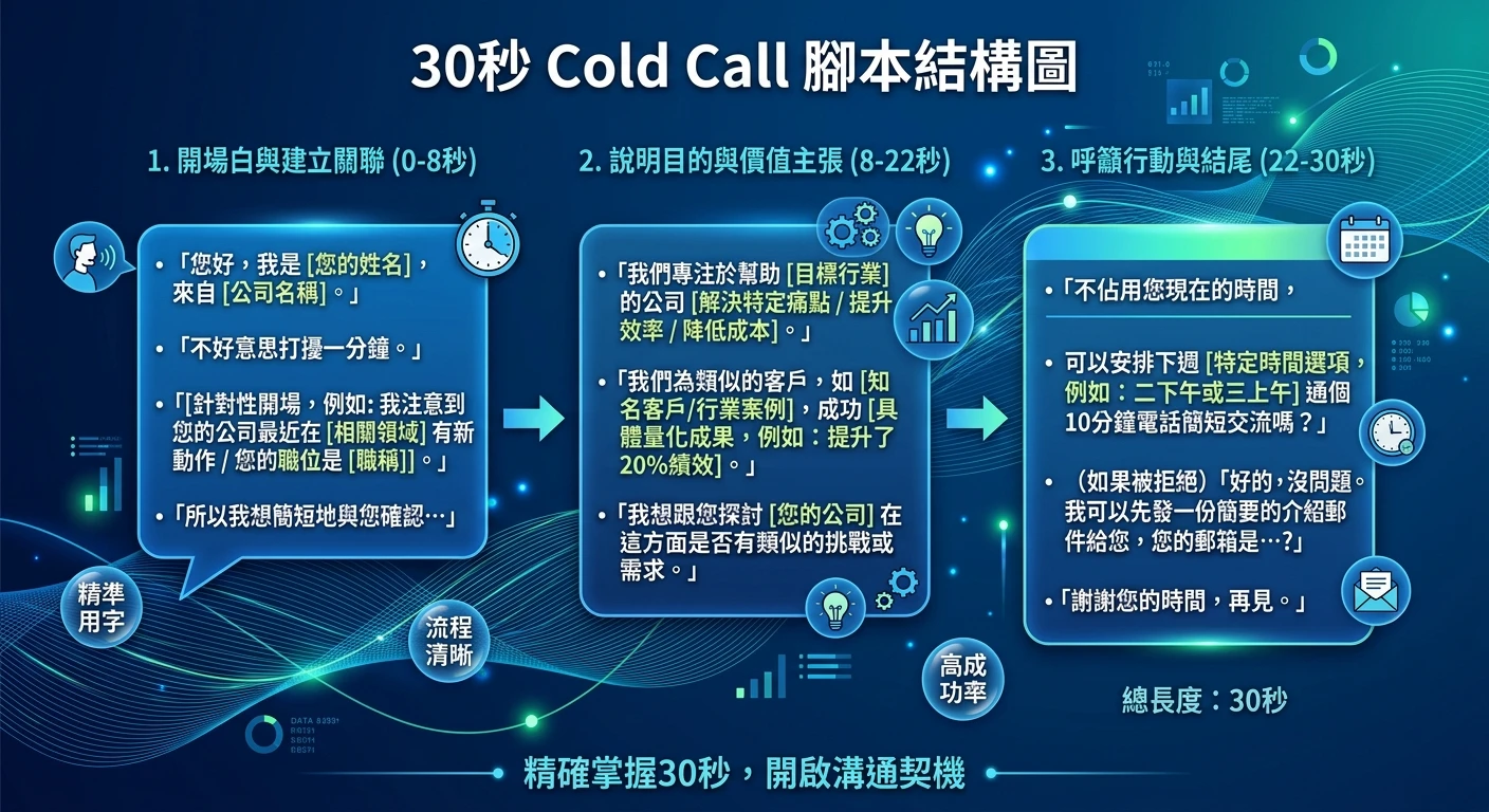 Cold Call 時區與跟進節奏 2026:用海關數據鎖定有進口需求的客戶再打電話 1 Cold Call 30 秒腳本結構圖,以對話框或信件版面標注形式呈現,顯示開場/目的/CTA 三段及各段秒數,商務藍色系