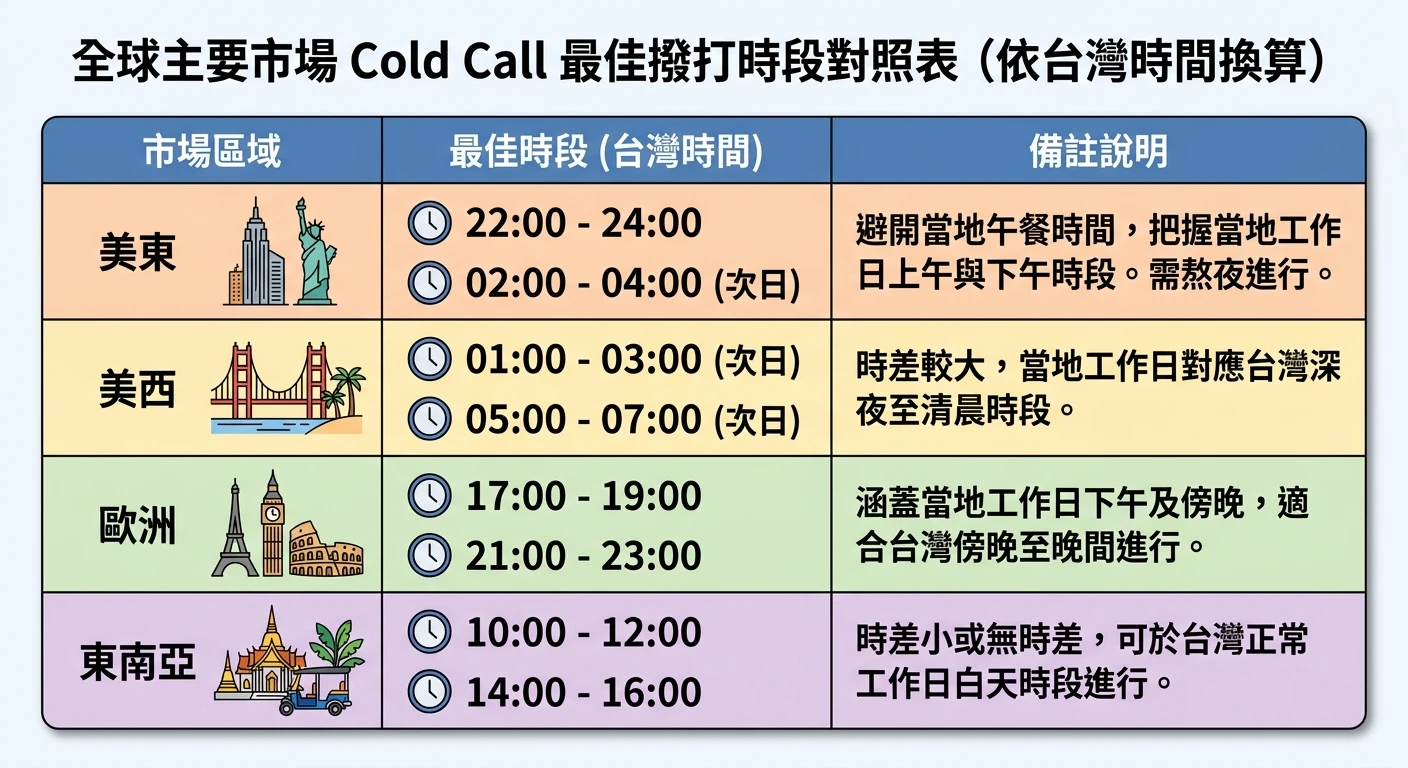 Cold Call 時區與跟進節奏 2026:用海關數據鎖定有進口需求的客戶再打電話 2 全球主要市場 Cold Call 最佳撥打時段對照表(依台灣時間換算),顯示美東/美西/歐洲/東南亞的最佳時段,表格設計