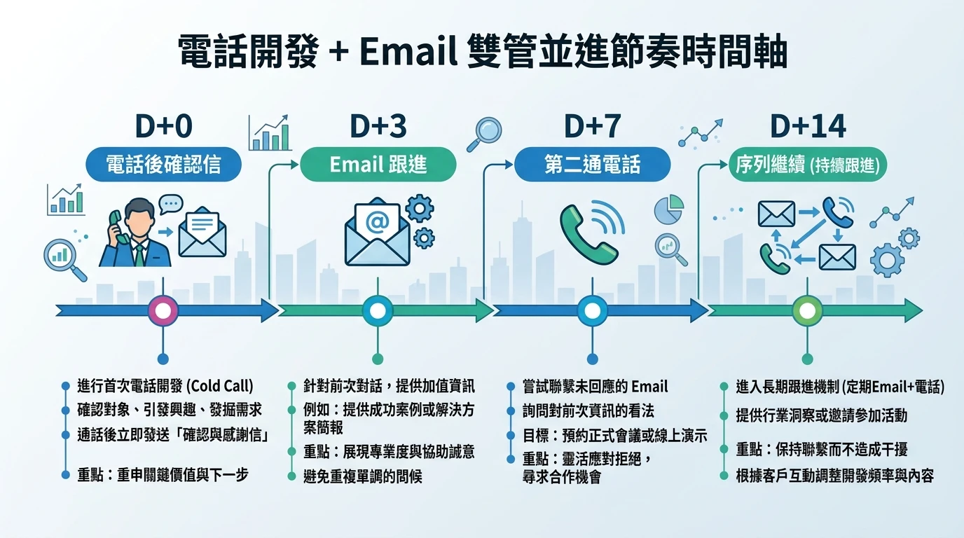 Cold Call 時區與跟進節奏 2026:用海關數據鎖定有進口需求的客戶再打電話 3 電話開發 + Email 雙管並進節奏時間軸,顯示 D+0(電話後確認信)、D+3(Email 跟進)、D+7(第二通電話)、D+14(序列繼續)四個節點及各階段行動要點,橫向時間軸設計