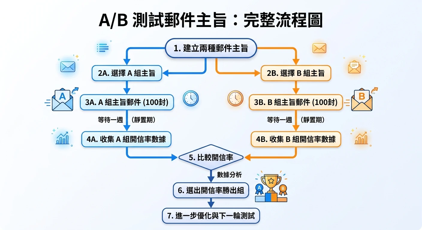 開發信主旨範例庫 2026:20 組分產業可複製標題+海關數據個人化寫法 2 分支流程圖,顯示 A/B 測試主旨的流程:從「建立兩組主旨」分叉為 A 組(藍色箭頭)和 B 組(橙色箭頭),兩組各寄給 100 封,等一週後比較開信率,選出勝出組,再進入下一輪測試