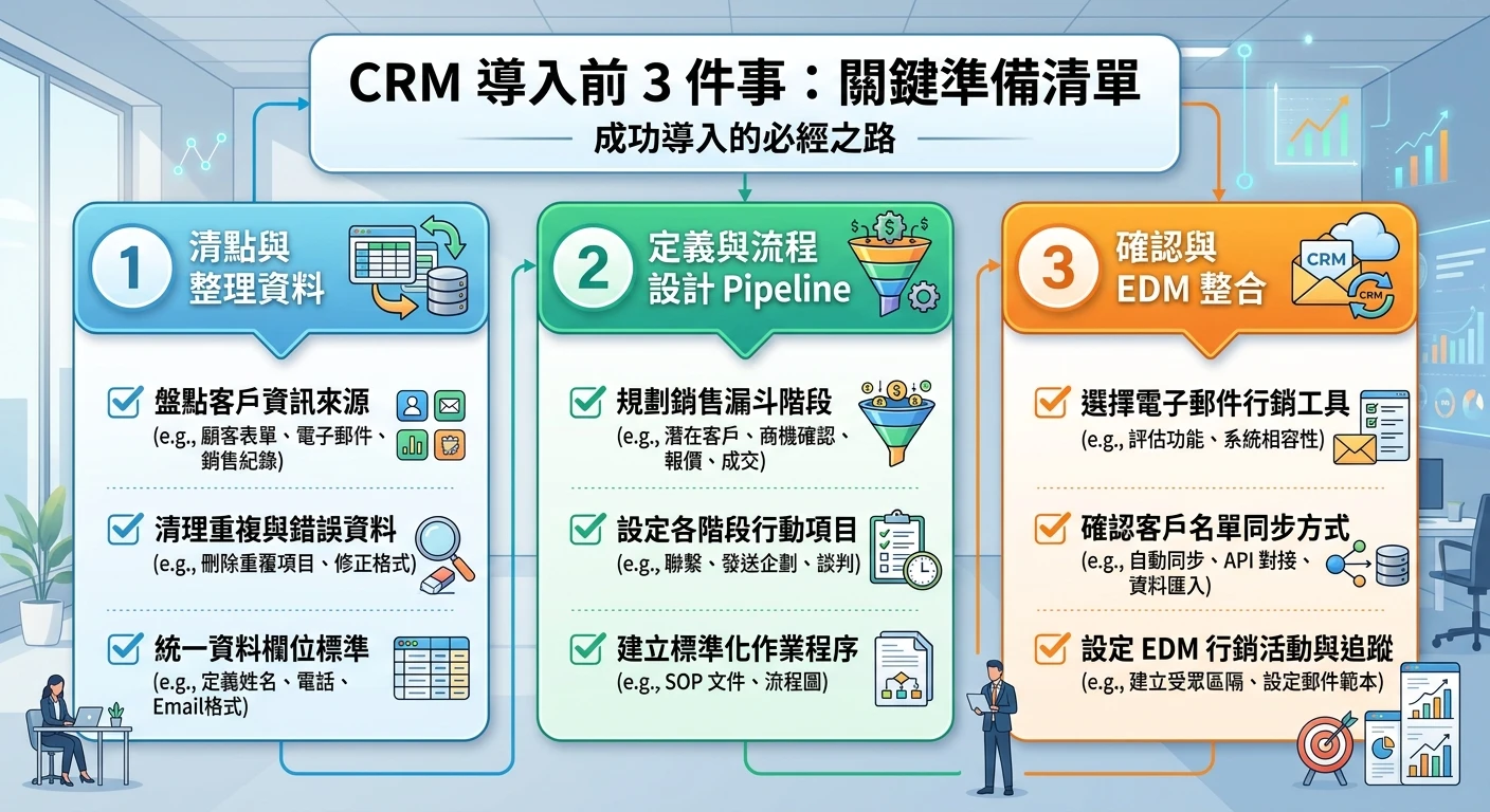 2026 外貿 CRM 系統推薦|5 大方案完整評比與選購指南(含免費版) 3 CRM 導入前 3 件事 checklist 視覺圖:「清點資料 → 定義 Pipeline → 確認 EDM 整合」三步驟,每步驟有具體行動項目