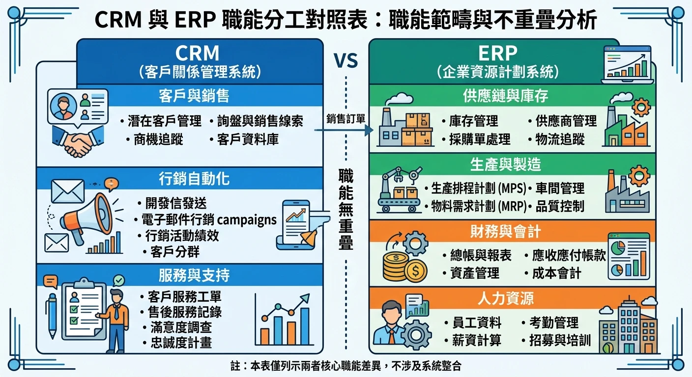 CRM 是什麼?2026 外貿企業完整入門指南|從基礎定義到實作導入 5 步驟 2 CRM vs ERP 職能分工對照表:左欄 CRM(客戶關係/詢盤/開發信),右欄 ERP(庫存/生產/財務),清楚分欄標示兩者職能不重疊