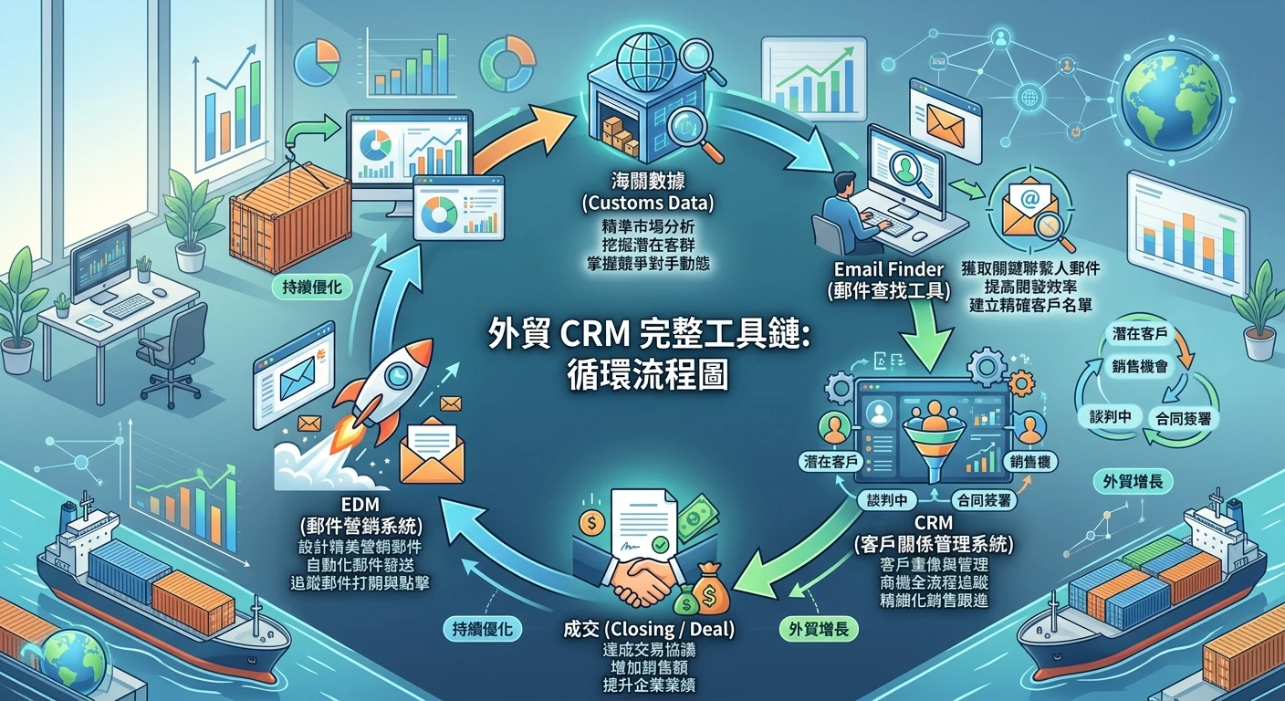 CRM 是什麼?2026 外貿企業完整入門指南|從基礎定義到實作導入 5 步驟 4 外貿 CRM 完整工具鏈視覺圖:「海關數據 → Email Finder → CRM → EDM → 成交」的循環流程,標示每個環節的對應功能
