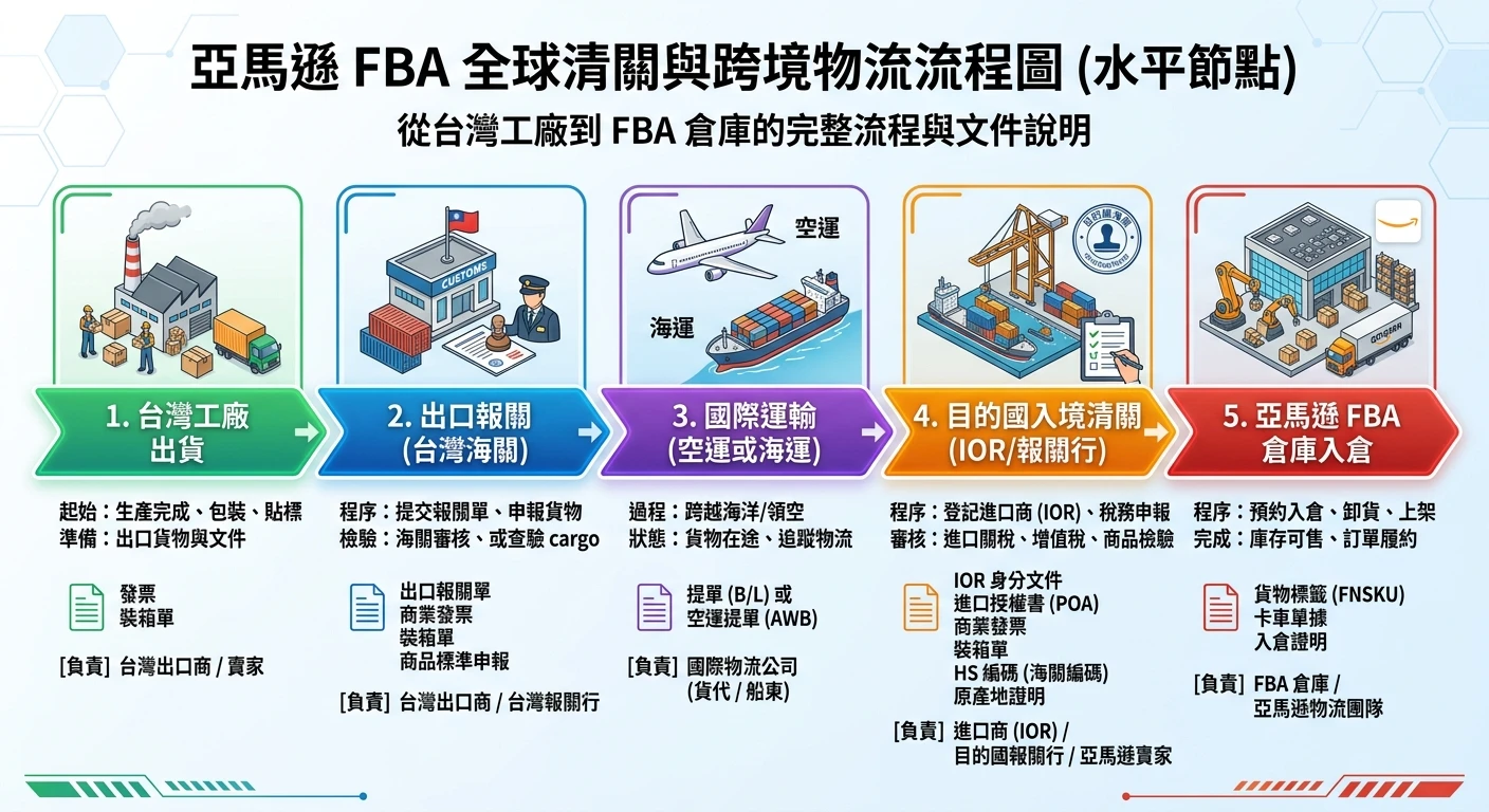 跨境報關流程 2026:Amazon FBA、淘寶、DHL 快遞清關完整攻略|電商賣家必讀 2 Amazon FBA 清關流程圖,水平節點展示:台灣工廠→出口報關(台灣海關)→空運或海運→目的國入境清關(IOR身分/報關行代辦)→Amazon FBA倉庫入倉,各節點標示文件(Invoice/Packing List/POA/HS Code)與責任方