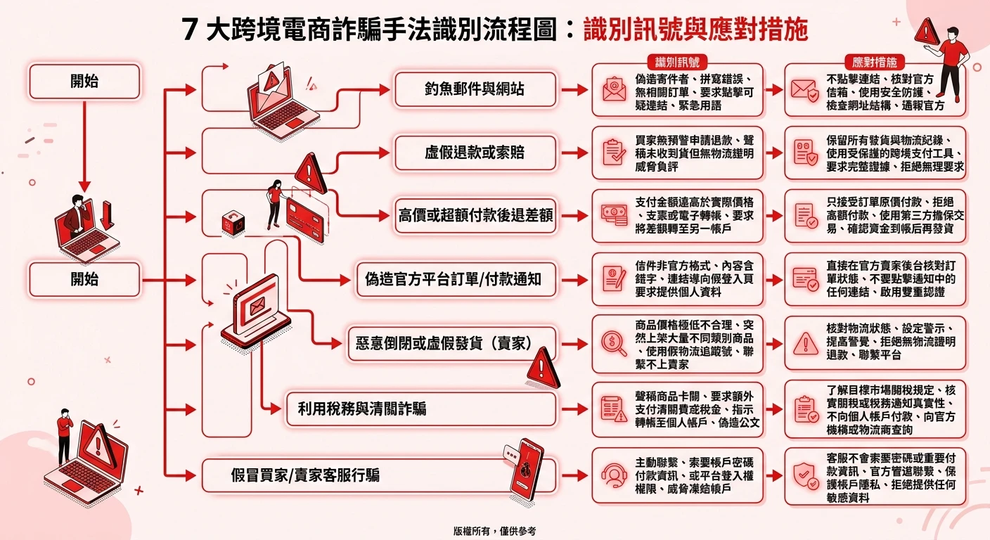 跨境電商詐騙 2026 完整防範指南|常見手法識別與外銷商自保策略 2 7 大跨境電商詐騙手法識別流程圖,每種手法配對識別訊號和應對措施,以紅色警示色系呈現,格式為決策樹/清單式圖表