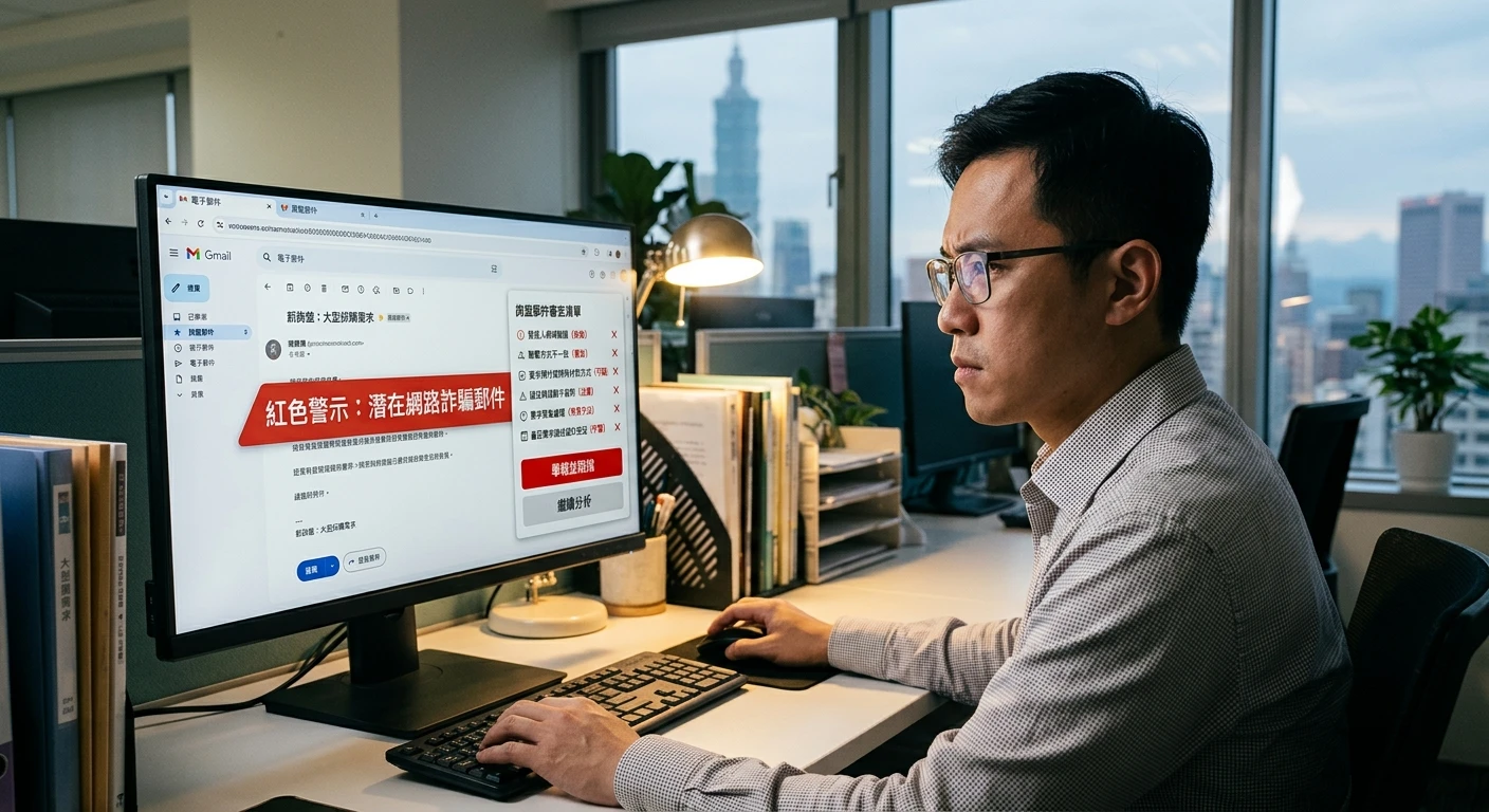 跨境電商詐騙 2026 完整防範指南|常見手法識別與外銷商自保策略 1 台灣外銷業務在電腦前審查一封可疑的詢盤郵件,螢幕上顯示紅色警示標記和驗證清單,表達詐騙識別的警覺態度