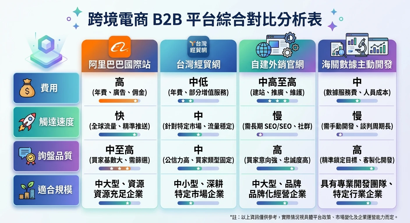 跨境電商怎麼選開發模式?阿里巴巴被動 vs 海關數據主動,含詐騙避雷 3 跨境電商平台 B2B 比較表視覺化,對比阿里巴巴國際站、台灣經貿網、自建外銷官網、海關數據主動開發,四個維度:費用、觸達速度、詢盤品質、適合規模