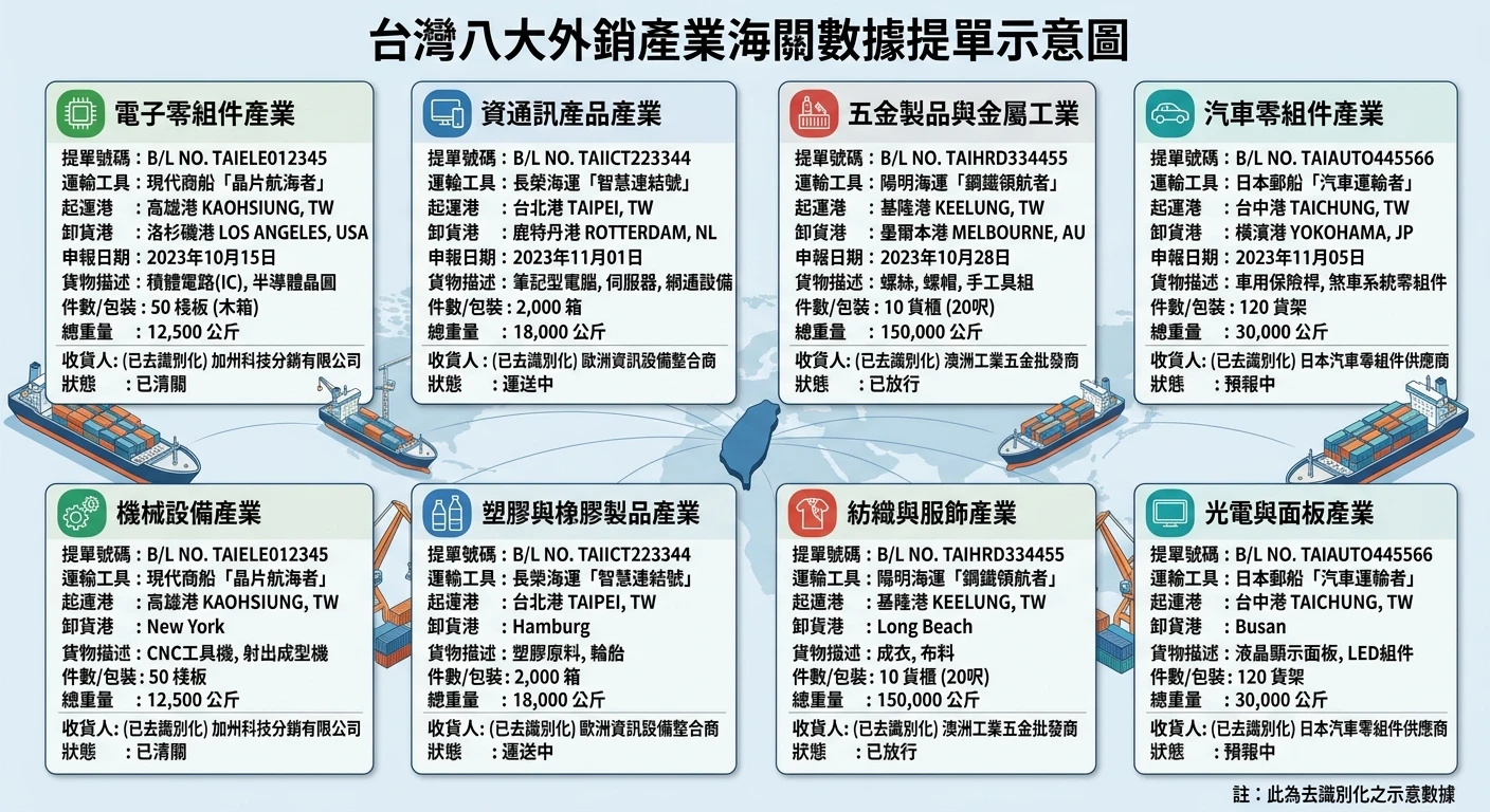 台灣外銷產業(8 大)使用海關數據的典型提單示意圖,展示電子、五金、汽配等產業的進出口申報紀錄,去識別化處理
