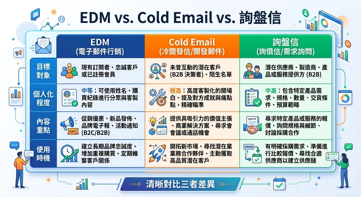 三欄對比表格示意圖,標題為「EDM vs. Cold Email vs. 詢盤信」,三欄各代表一種信件類型,每欄有顏色區塊(藍、橙、綠)標示目標對象、個人化程度、內容重點、使用時機四個屬性,清晰對比三者差異
