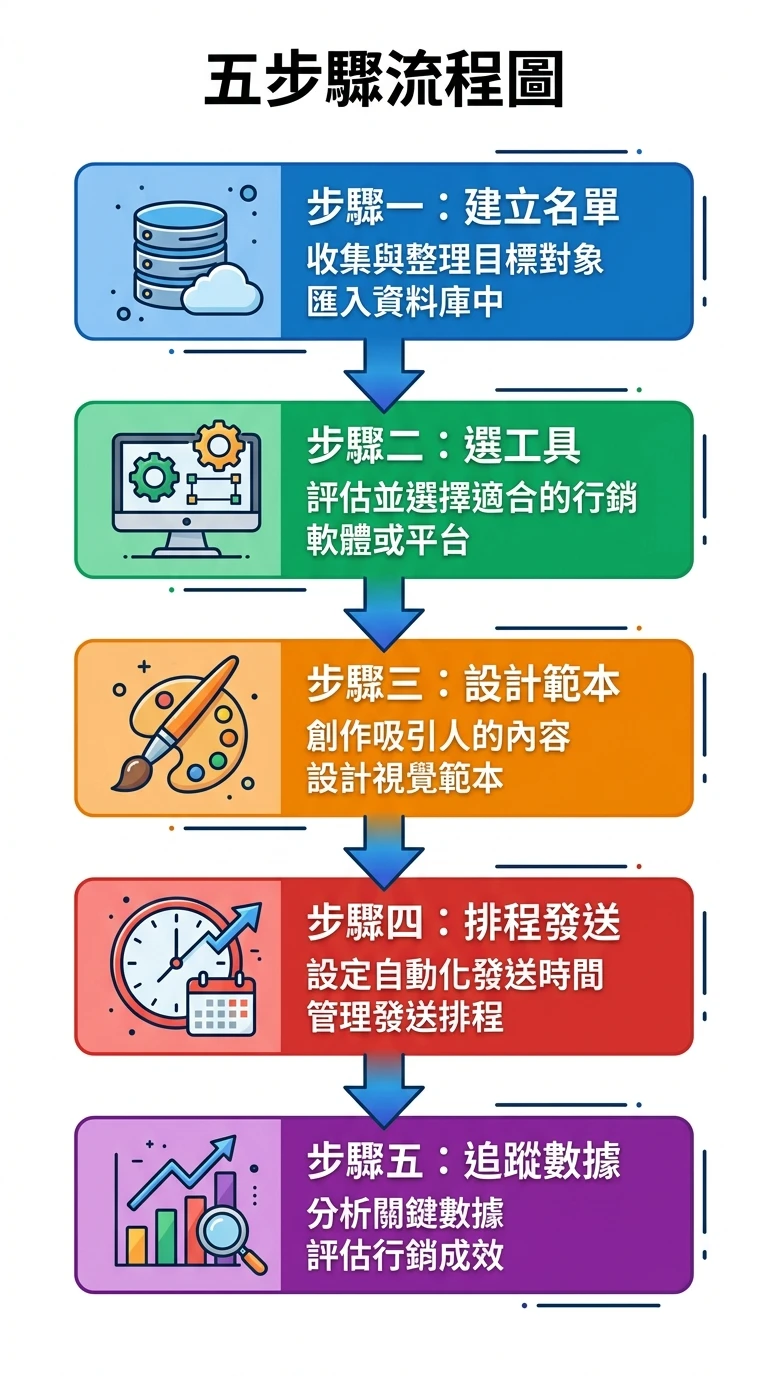 外貿 EDM 開信率怎麼提升?2026 B2B Email 送達率與追蹤優化實戰 2 直向五步驟流程圖,步驟一到五依序為:建立名單(資料庫圖示)、選工具(電腦螢幕圖示)、設計範本(筆刷圖示)、排程發送(時鐘圖示)、追蹤數據(條形圖圖示),每步驟以藍色箭頭向下連接,背景白色