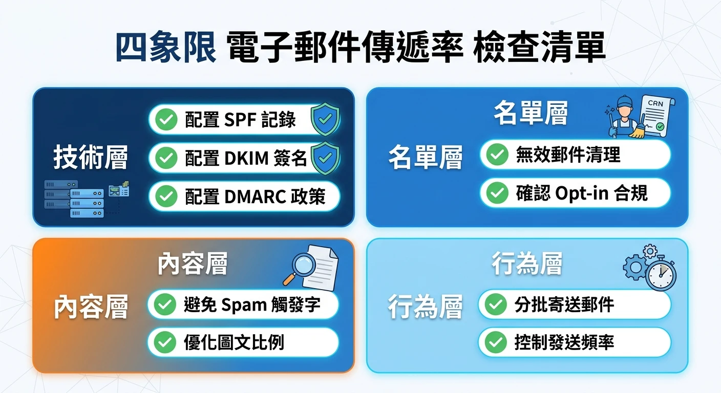 SPF / DKIM / DMARC 設定完整教學 2026:開發信網域驗證 DNS 設定逐步指南 2 四象限 Checklist 示意圖,四個色塊分別代表:技術層(左上,深藍)含 SPF/DKIM/DMARC 三個勾選框、名單層(右上,藍)含無效郵件清理/opt-in 合規兩個勾選框、內容層(左下,橙藍)含 spam 觸發字/圖文比例兩個勾選框、行為層(右下,淡藍)含分批寄送/控制頻率兩個勾選框,所有勾選框均顯示為已勾選(綠色勾)