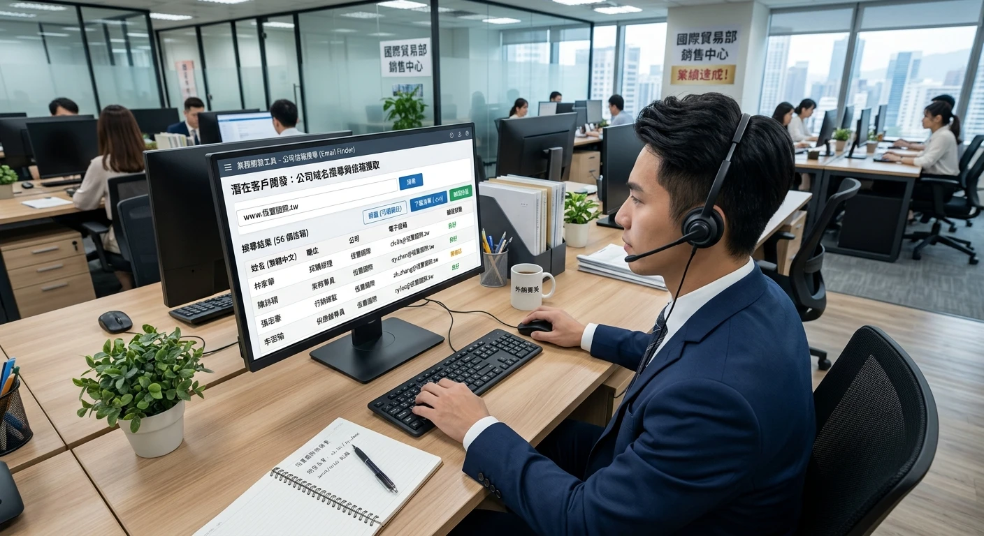 Email Finder 工具完整指南 2026:B2B 決策人聯絡資料開發全攻略 3 外銷業務坐在辦公桌前使用電腦操作 email finder 工具介面,螢幕顯示公司域名搜尋結果和信箱清單,背景為現代辦公室環境,商業正式氛圍,俯瞰角度