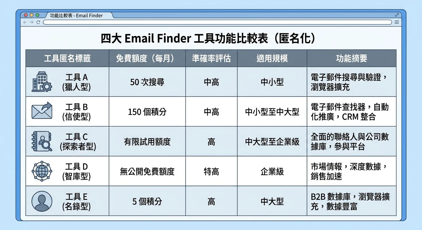 Email Finder 工具比較 2026|hunter.io、Apollo.io、ZoomInfo、Lusha 實測評析 2 四大 Email Finder 工具功能比較表(hunter.io / snov.io / Apollo.io / ZoomInfo / Lusha),含免費額度、準確率評估、適用規模,以整齊表格截圖風格呈現