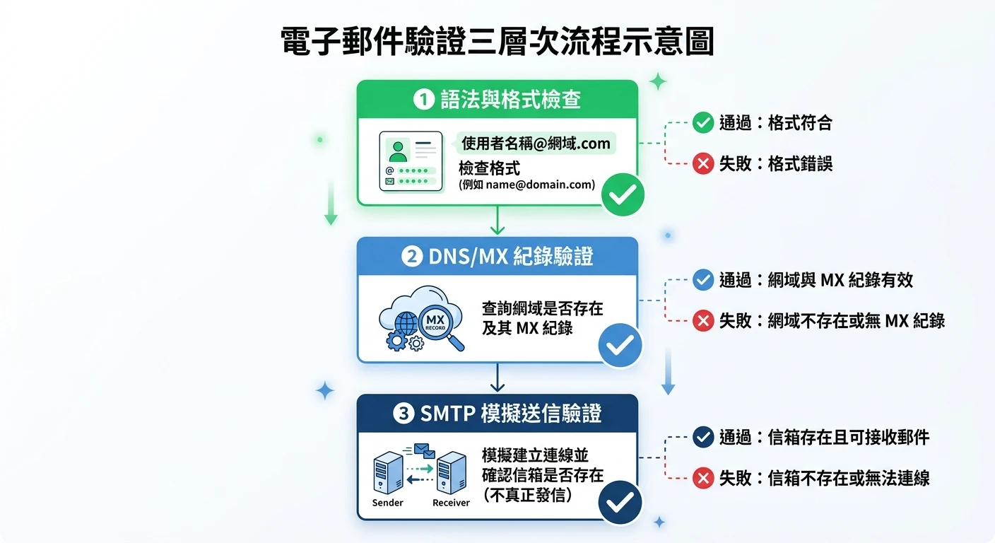 企業 Email 驗證工具完整指南 2026:採購聯絡人信箱查詢與驗證實作 1 Email 驗證三層次流程示意圖,縱向三步驟:①語法檢查(綠色方塊,顯示 name@domain.com 格式示意)→ ②DNS/MX 驗證(藍色方塊,顯示 MX Record 圖示)→ ③SMTP 模擬送信(深藍方塊,顯示伺服器連線圖示),右側標注每層的通過/失敗結果,簡潔流程圖風格