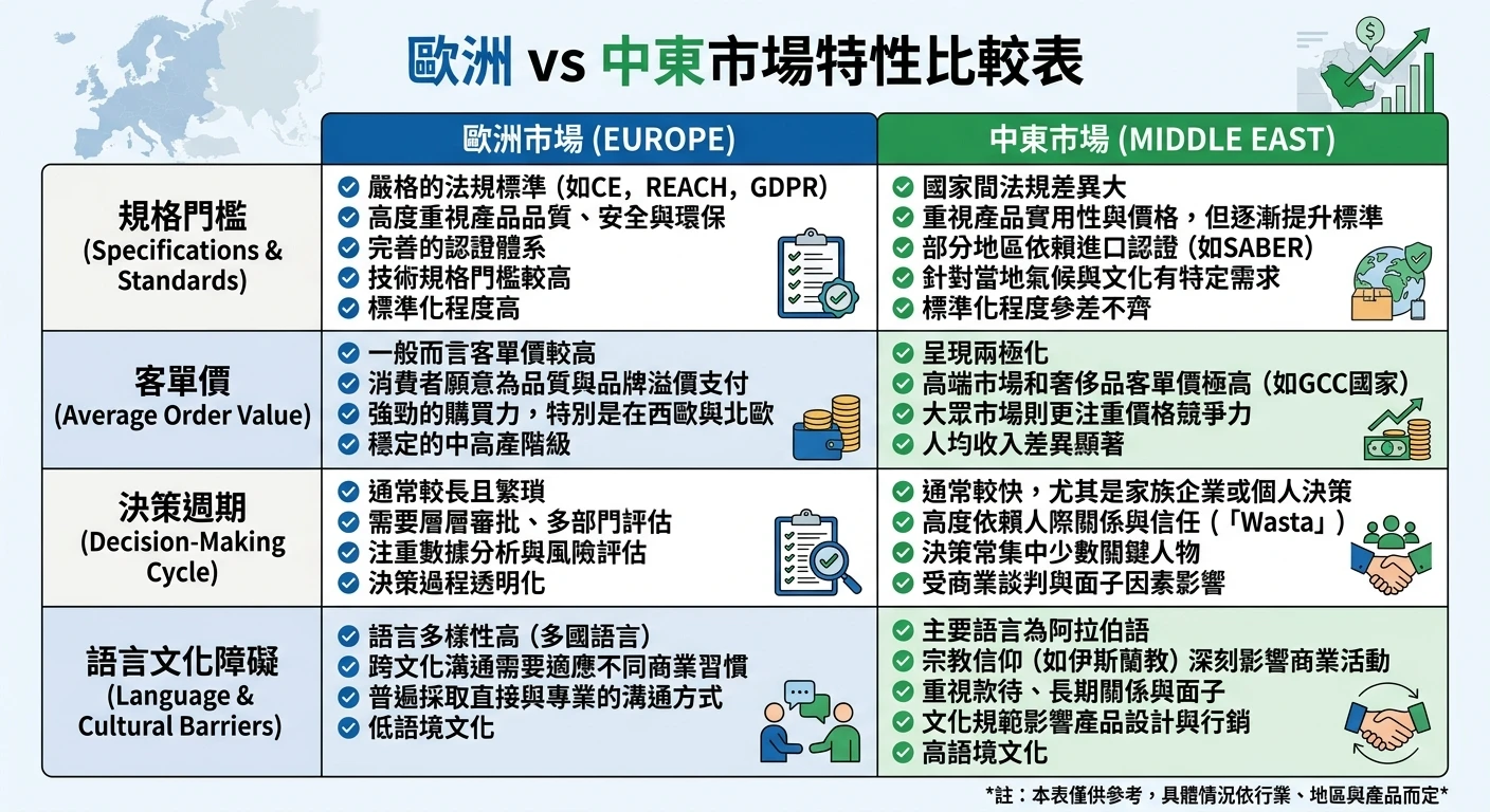 歐洲與中東市場開發 2026:台灣外銷廠商的佈局策略與注意事項 1 歐洲 vs 中東市場特性比較表,雙欄對比顯示規格門檻、客單價、決策週期、語言文化障礙四個維度的差異