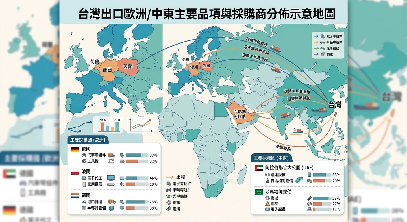 歐洲與中東市場開發 2026:台灣外銷廠商的佈局策略與注意事項 2 台灣出口歐洲/中東主要品項與採購商分佈示意地圖,標示德國、波蘭、荷蘭、UAE、沙烏地阿拉伯等主要採購國