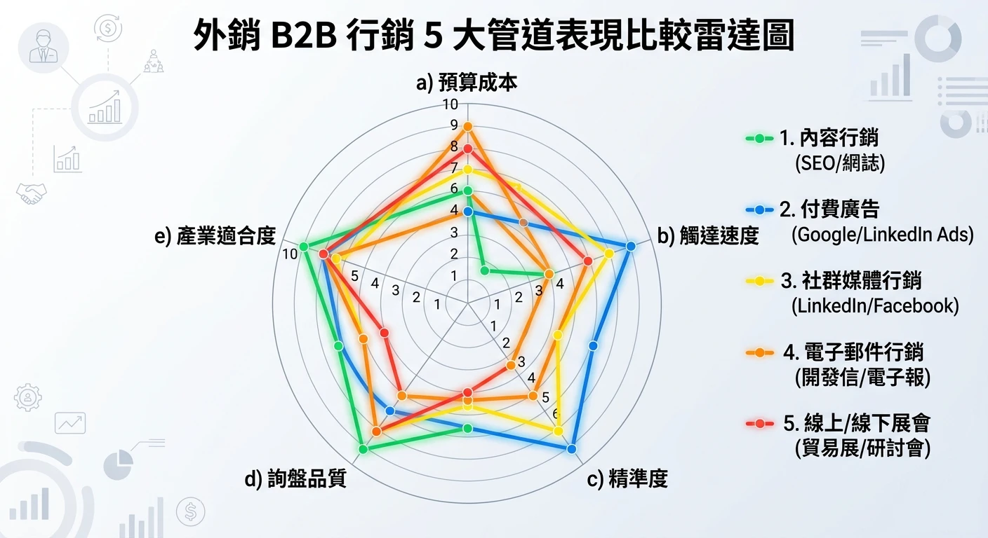 外銷線上線下整合作戰 2026:展前數位暖場、展後 EDM 追蹤+AI 反查競品買主 2 外銷 B2B 行銷 5 大管道雷達圖,顯示各管道在成本、觸達速度、精準度、詢盤品質、適合產業五個維度的表現比較
