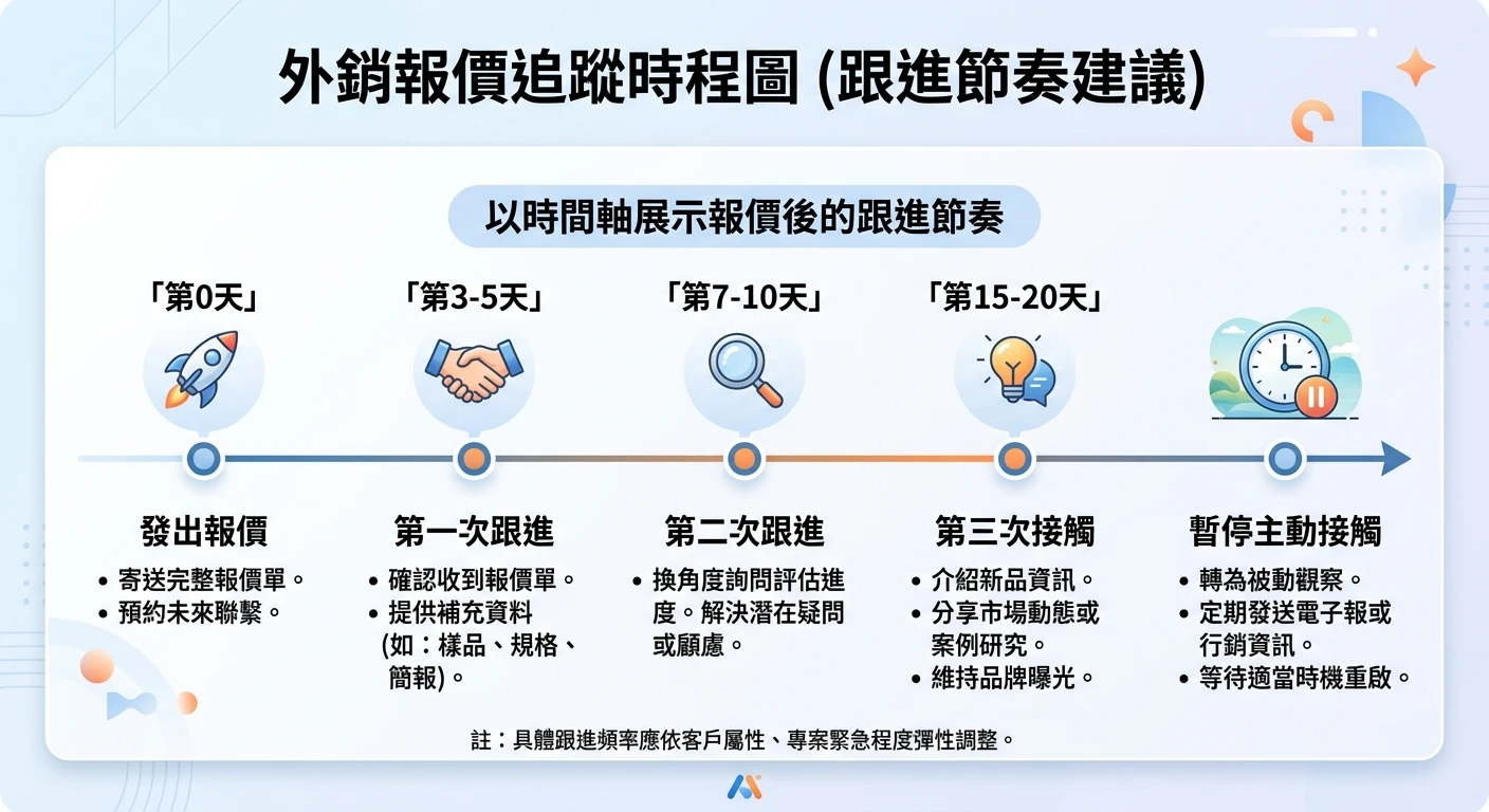 外銷報價單實務 2026:報價注意事項、效期管理與追蹤技巧|B2B 外貿業務必備 1 外銷報價追蹤時程圖,以時間軸展示報價後的跟進節奏:第0天發出報價→第3-5天第一次跟進(確認收到+提供補充資料)→第7-10天第二次跟進(換角度詢問評估進度)→第15-20天第三次接觸(新品/市場動態)→暫停主動接觸,各時間點標示建議行動