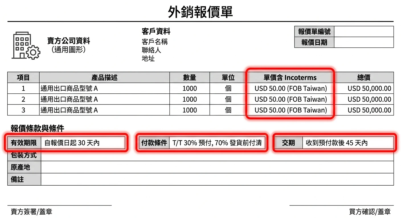 外銷報價單實務 2026:報價注意事項、效期管理與追蹤技巧|B2B 外貿業務必備 2 外銷報價單必填欄位示意圖,標示英文 Quotation 格式中的關鍵欄位:有效期限(Validity)、單價含 Incoterms(Unit Price + Incoterms)、付款條件(Payment Terms)、交期(Lead Time)以紅框或顏色強調必填項