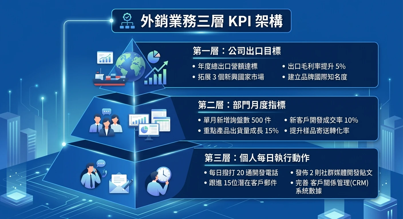 外銷業務 KPI 設定與儀表板管理 2026:主管與業務助理完整範例 1 外銷業務三層 KPI 架構金字塔圖,從上到下三層:公司出口目標(最上層)、部門月度指標(中層)、個人每日執行動作(底層);各層有代表性指標文字說明,深藍底色,白字,金字塔 infographic 風格