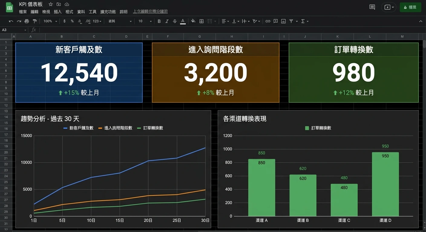 外銷業務 KPI 設定與儀表板管理 2026:主管與業務助理完整範例 2 KPI 儀表板示意圖,Google Sheets 風格介面,顯示三個核心 KPI 卡片(新客戶觸及數、進入詢問階段數、訂單轉換數),下方有折線圖和長條圖顯示趨勢,整體為深色主題,配色乾淨