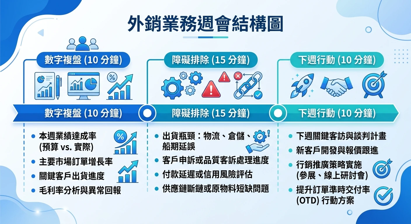 外銷業務 KPI 設定與儀表板管理 2026:主管與業務助理完整範例 3 外銷業務週會結構圖,橫向時間軸顯示三個段落:數字複盤10分鐘、障礙排除15分鐘、下週行動10分鐘,各段有重點說明,藍色時間軸設計
