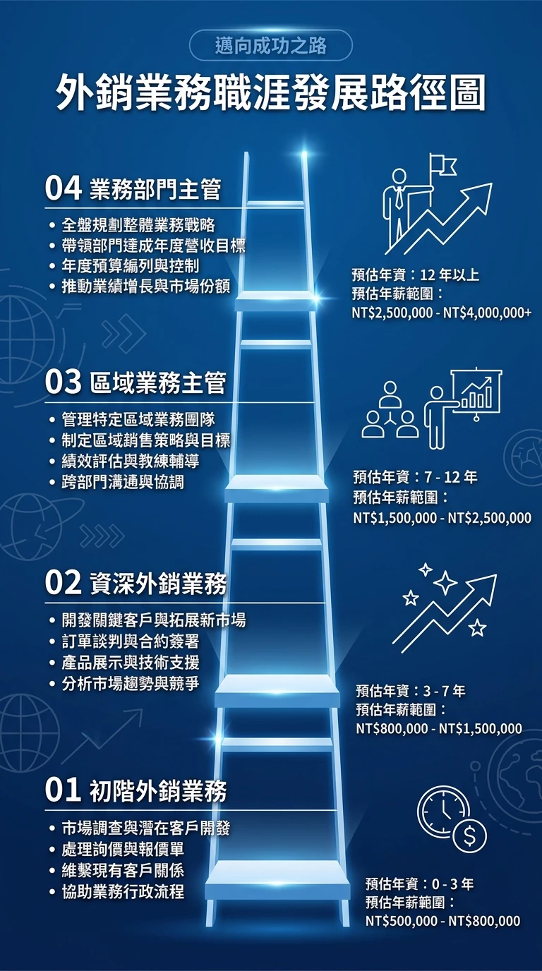 外銷業務團隊養成完整指南 2026:職缺內容、英文要求與職涯轉型 2 外銷業務職涯路徑圖,直立階梯設計,從下到上四個台階標示:初階外銷業務→資深外銷業務→區域業務主管→業務部門主管,每個台階有對應年資與薪資區間說明文字,深藍底色,白色文字